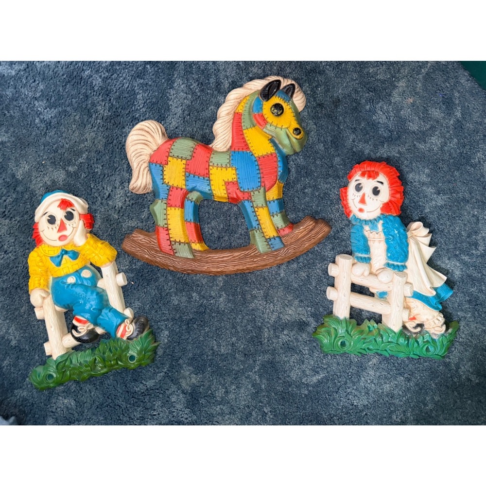 Vintage Raggedy Ann Andy Wall Decor Set 3pc Multicolor Good Art 1977